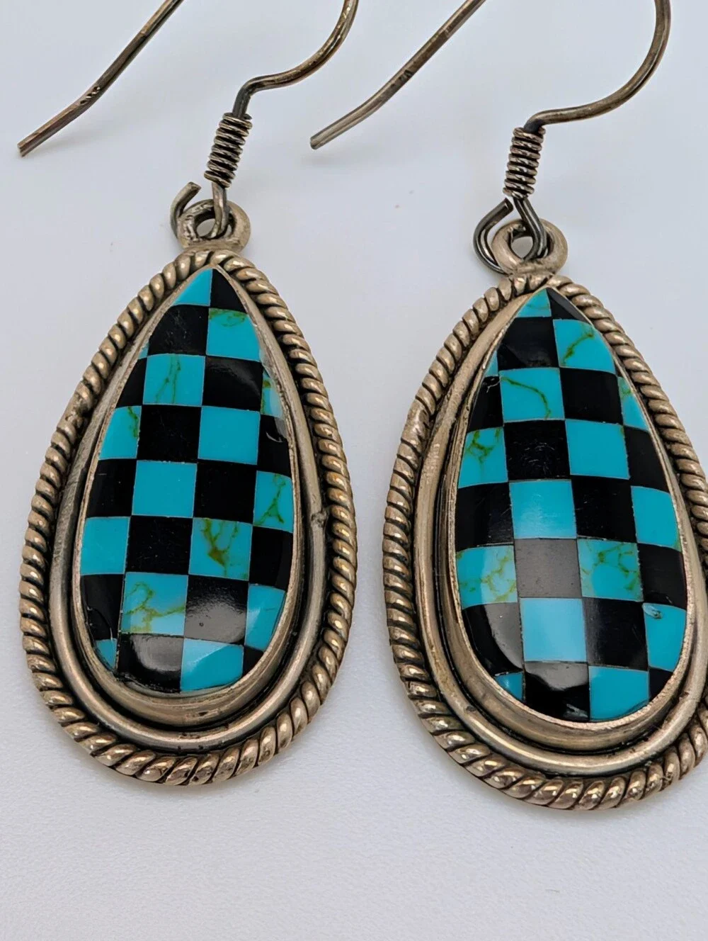 Turquoise & Black Onyx S925 Sterling Silver Matte Checkered Dangle Earrings